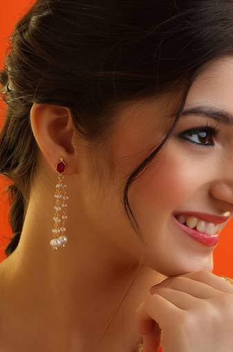Ruby red stone pearl drop earrings