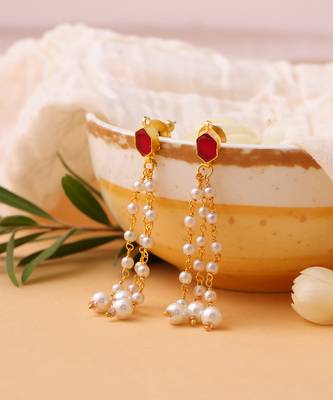 Ruby red stone pearl drop earrings 2