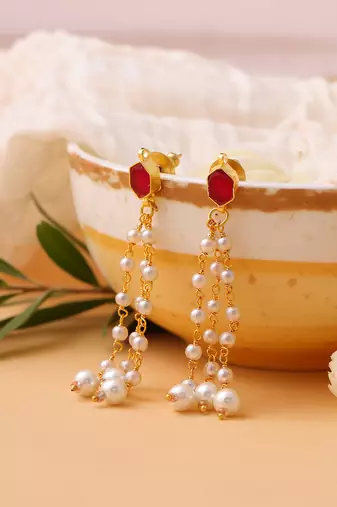 Ruby red stone pearl drop earrings