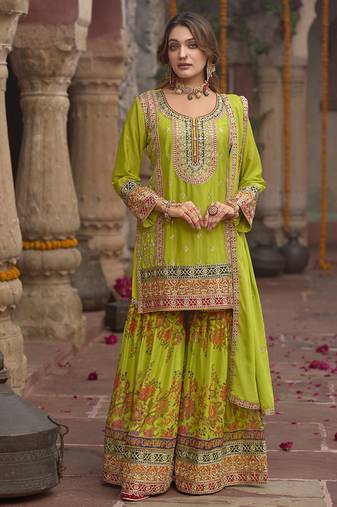 Pear faux chinon embroidered readymade sharara suit with dupatta
