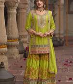 Pear faux chinon embroidered readymade sharara suit with dupatta