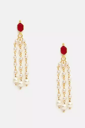 Ruby red stone pearl drop earrings