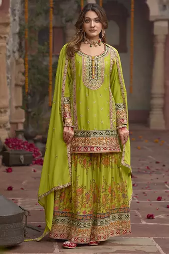 Pear faux chinon embroidered readymade sharara suit with dupatta
