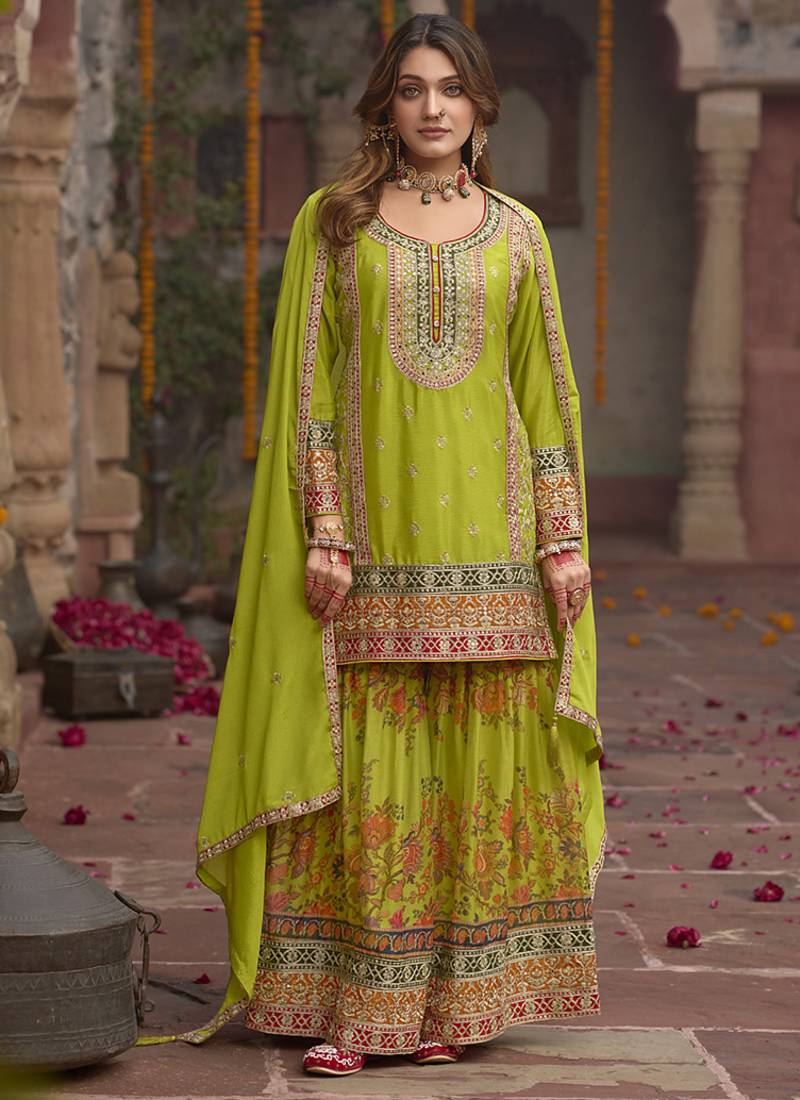 Pear faux chinon embroidered readymade sharara suit with dupatta