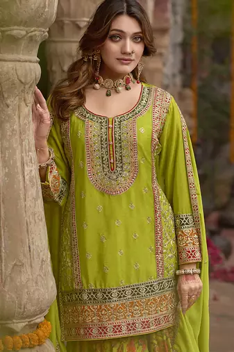Pear faux chinon embroidered readymade sharara suit with dupatta