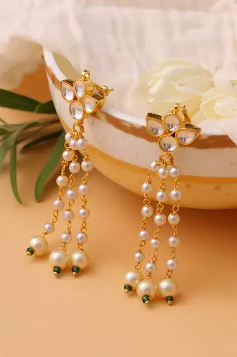 White stones green beaded pearl drop earrings