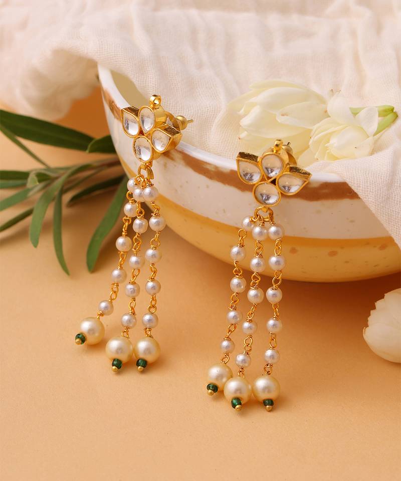White stones green beaded pearl drop earrings