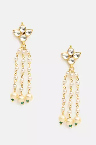 White stones green beaded pearl drop earrings
