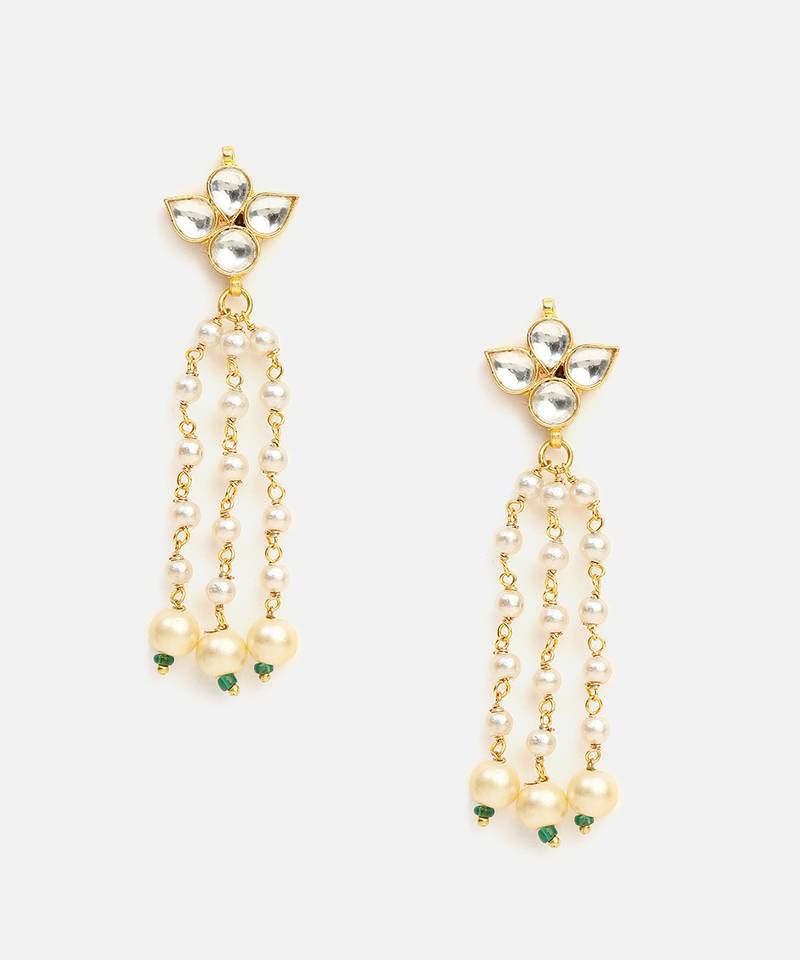 White stones green beaded pearl drop earrings