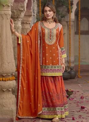 Orange faux chinon embroidered readymade sharara suit with dupatta 1
