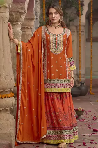 Orange faux chinon embroidered readymade sharara suit with dupatta