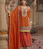 Orange faux chinon embroidered readymade sharara suit with dupatta