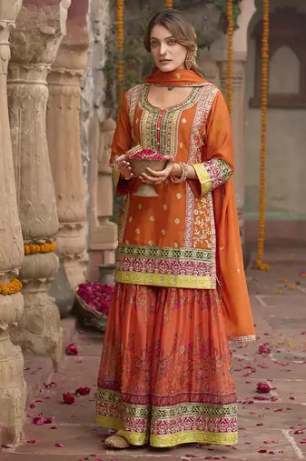 Orange faux chinon embroidered readymade sharara suit with dupatta