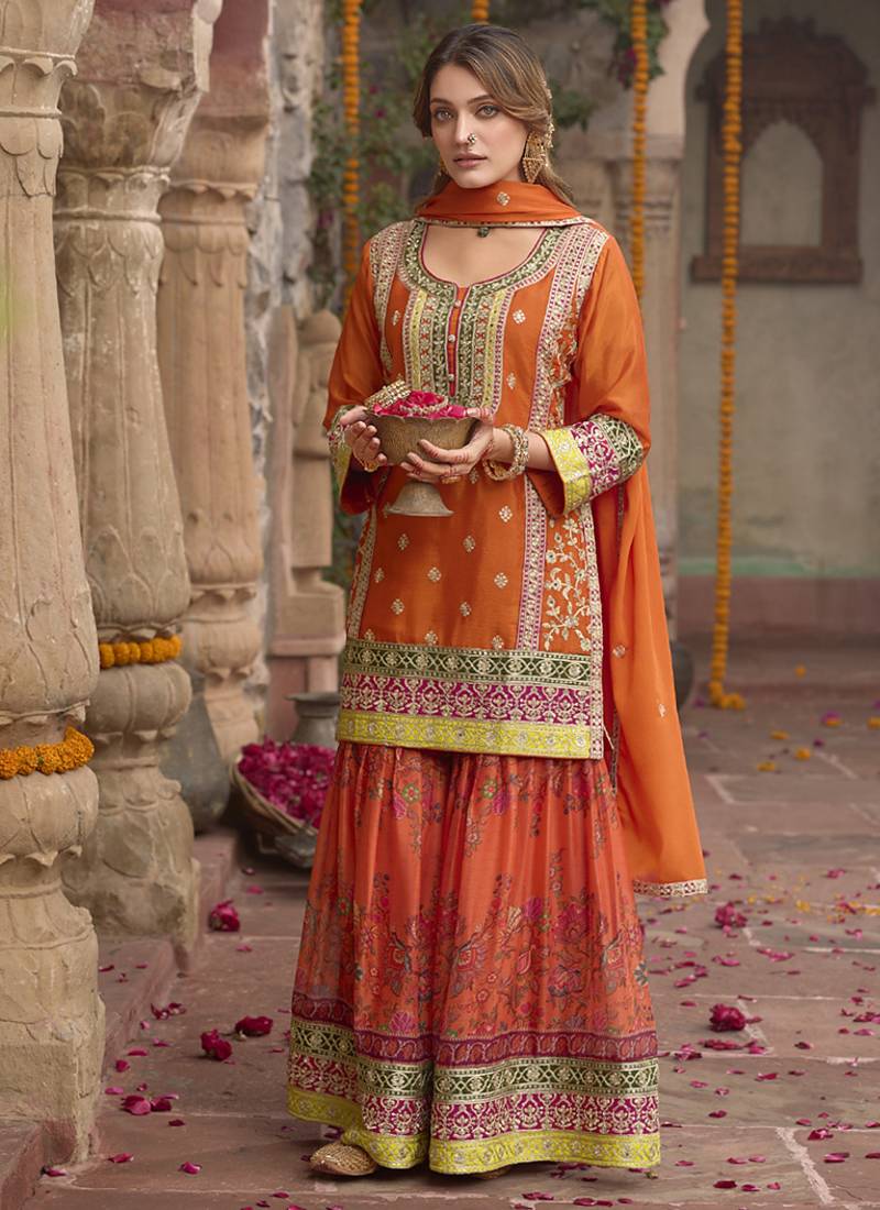Orange faux chinon embroidered readymade sharara suit with dupatta