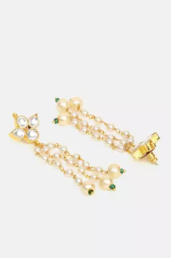 White stones green beaded pearl drop earrings