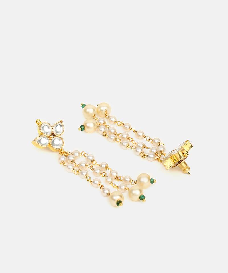White stones green beaded pearl drop earrings