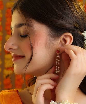 Ruby red stone pearl chain drop earrings 1