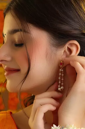Ruby red stone pearl chain drop earrings