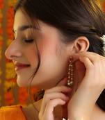 Ruby red stone pearl chain drop earrings