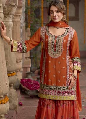 Orange faux chinon embroidered readymade sharara suit with dupatta 3