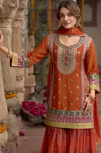 Orange faux chinon embroidered readymade sharara suit with dupatta