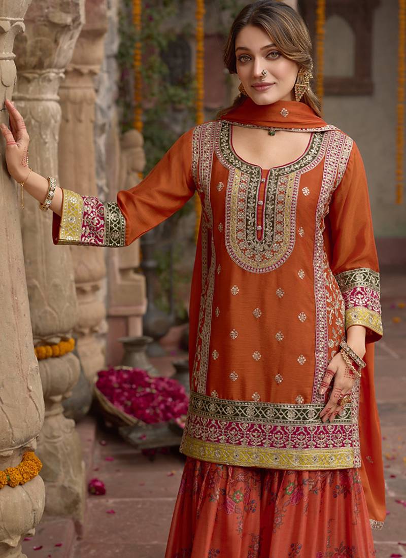 Orange faux chinon embroidered readymade sharara suit with dupatta