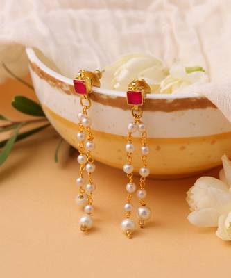 Ruby red stone pearl chain drop earrings 2