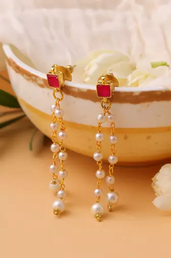 Ruby red stone pearl chain drop earrings