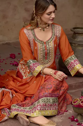 Orange faux chinon embroidered readymade sharara suit with dupatta