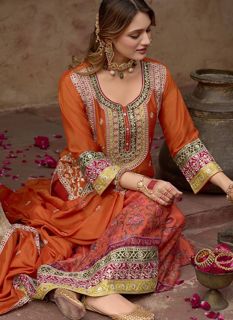Orange faux chinon embroidered readymade sharara suit with dupatta
