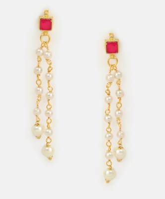 Ruby red stone pearl chain drop earrings 3