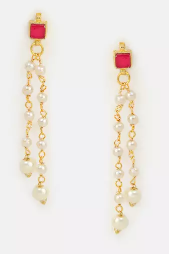 Ruby red stone pearl chain drop earrings