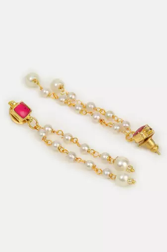 Ruby red stone pearl chain drop earrings