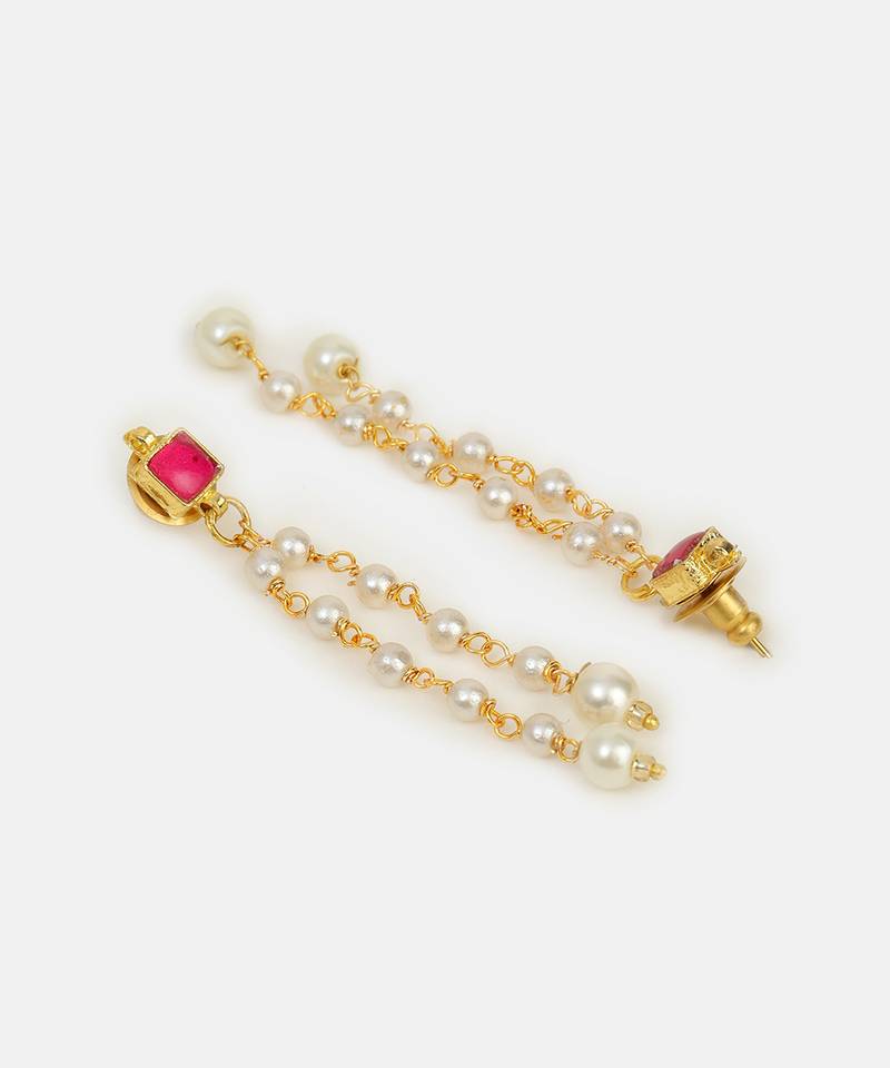 Ruby red stone pearl chain drop earrings