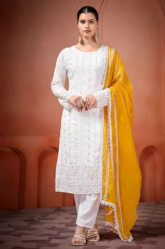 White and yellow faux georgette embroidered readymade salwar suit