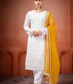 White and yellow faux georgette embroidered readymade salwar suit