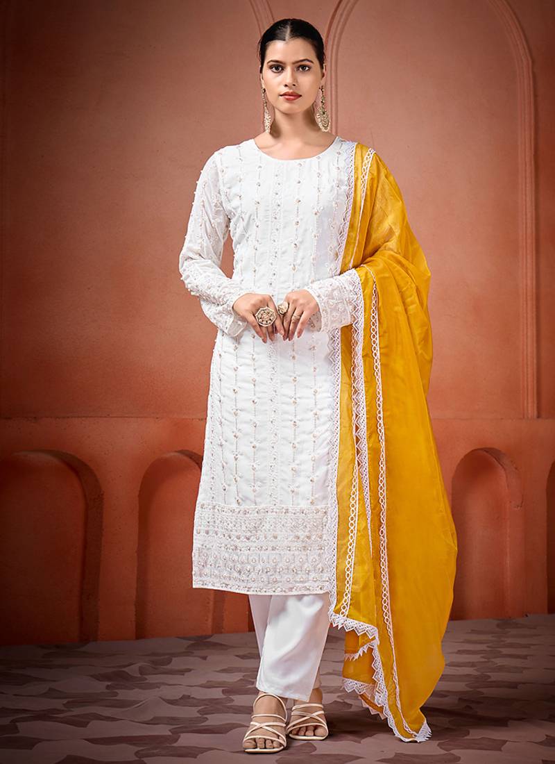 White and yellow faux georgette embroidered readymade salwar suit