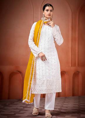 White and yellow faux georgette embroidered readymade salwar suit 2