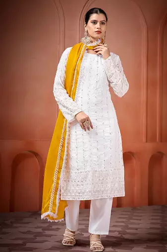 White and yellow faux georgette embroidered readymade salwar suit