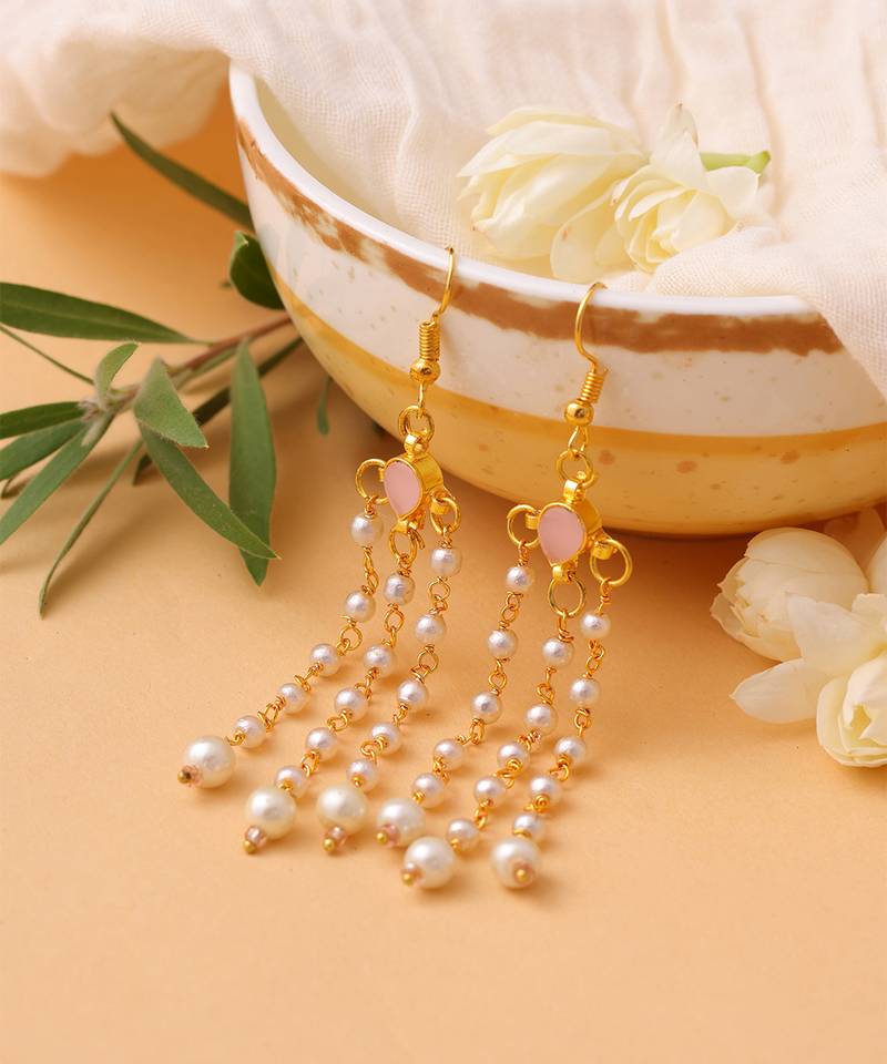 Pink stones kundan chain drop earrings