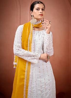 White and yellow faux georgette embroidered readymade salwar suit 3