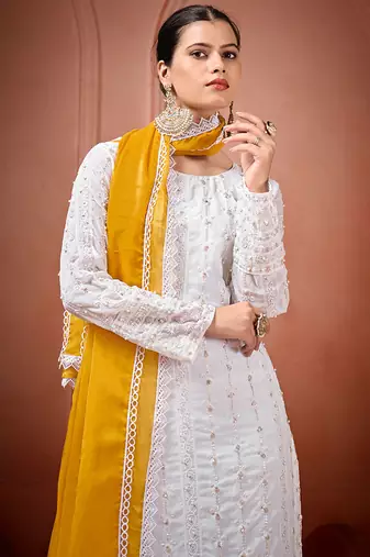 White and yellow faux georgette embroidered readymade salwar suit