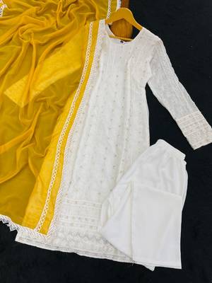 White and yellow faux georgette embroidered readymade salwar suit 4