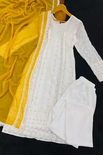 White and yellow faux georgette embroidered readymade salwar suit