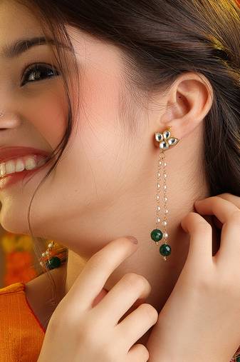 Emerald green beaded kundan drop earrings