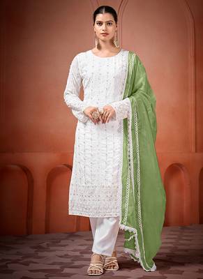 White and green faux georgette embroidered readymade salwar suit 1
