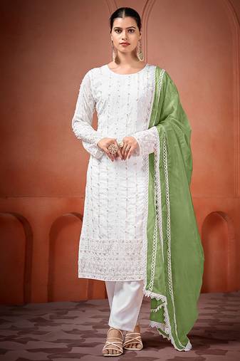 White and green faux georgette embroidered readymade salwar suit