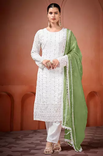 White and green faux georgette embroidered readymade salwar suit