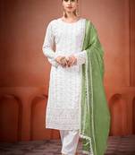White and green faux georgette embroidered readymade salwar suit