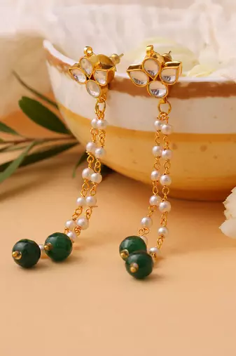 Emerald green beaded kundan drop earrings